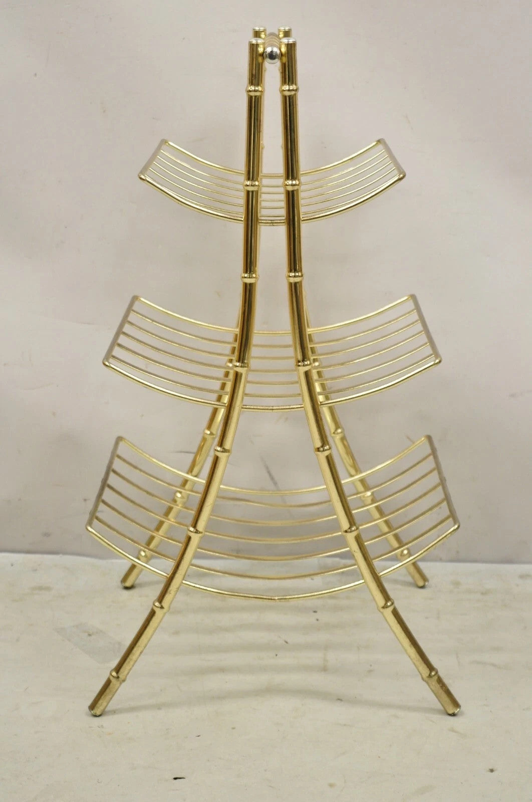 Vintage Hollywood Regency Gold Metal Faux Bamboo 3 Tier Magazine Rack Stand