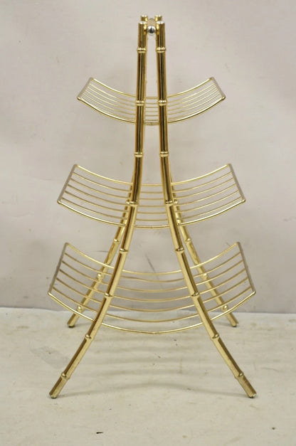 Vintage Hollywood Regency Gold Metal Faux Bamboo 3 Tier Magazine Rack Stand