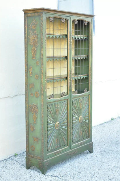 English Chinoiserie Green Distress Painted Tall George III Curio Display Cabinet