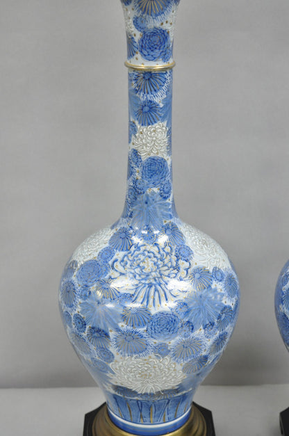 Vintage Paul Hanson Chinoiserie Blue Poreclain Flower Oriental Table Lamp Pair