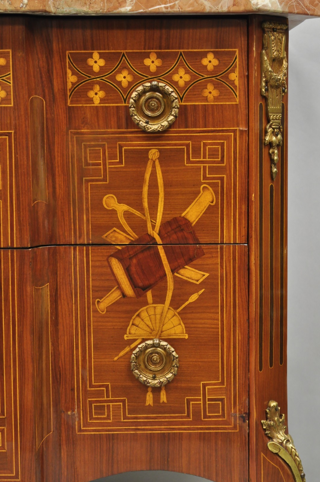 Vintage French Louis XV Style Marquetry Inlay Marble Top Commode Dresser Chest