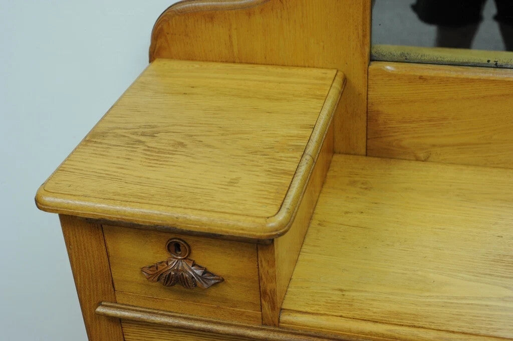 Antique Eastlake Victorian Carved Chestnut Step Down Cottage Dresser w/ Mirror