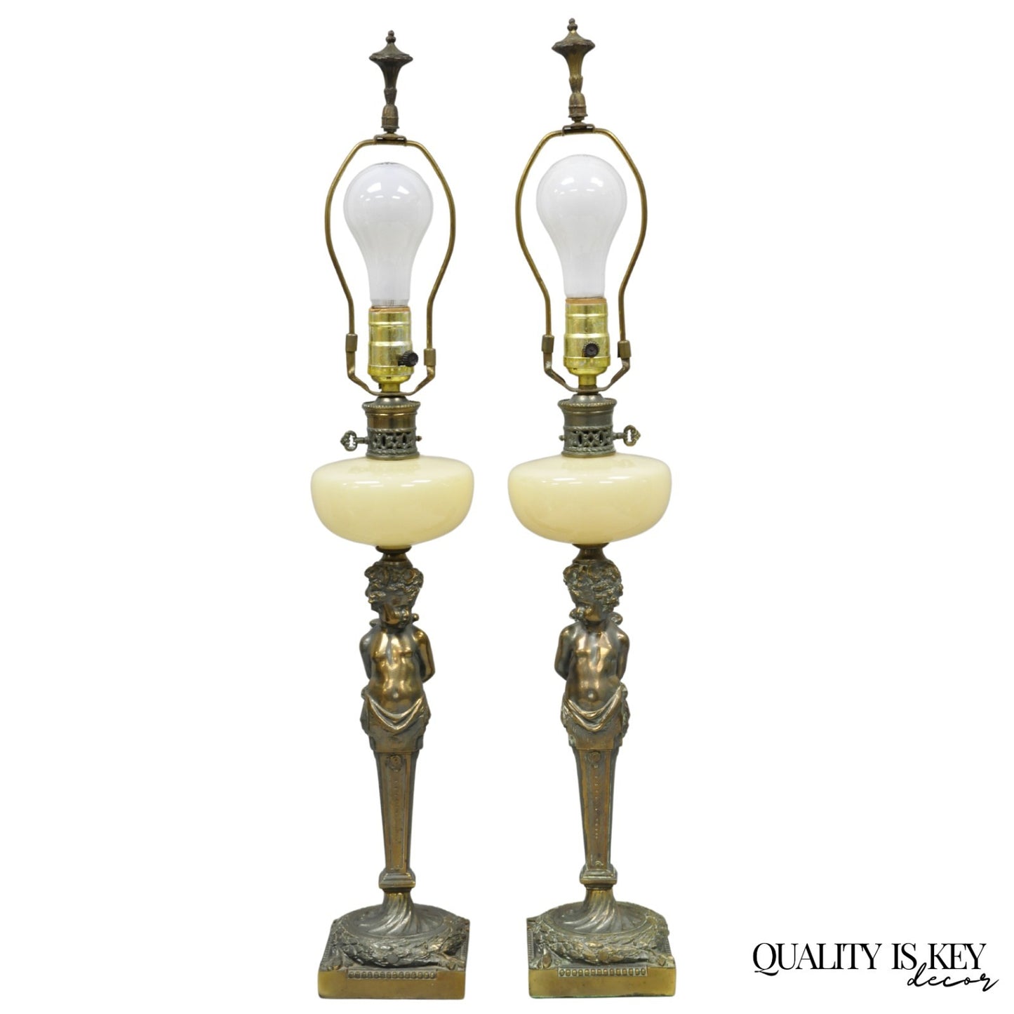 Vintage French Renaissance Brass Cherub Putti Column Cream Glass Table Lamp Pair