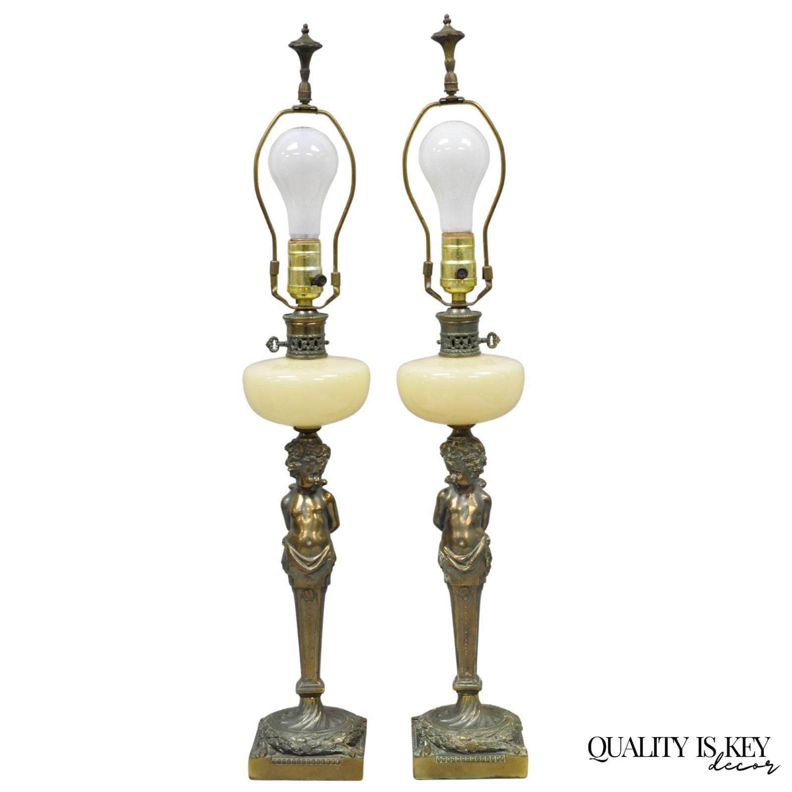 Vintage French Renaissance Brass Cherub Putti Column Cream Glass Table Lamp Pair