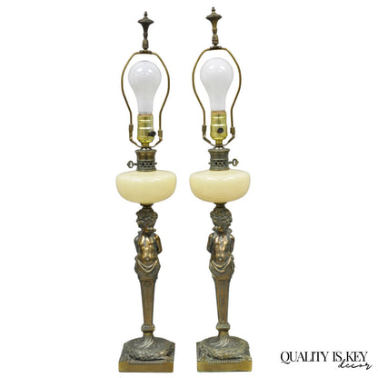 Vintage French Renaissance Brass Cherub Putti Column Cream Glass Table Lamp Pair