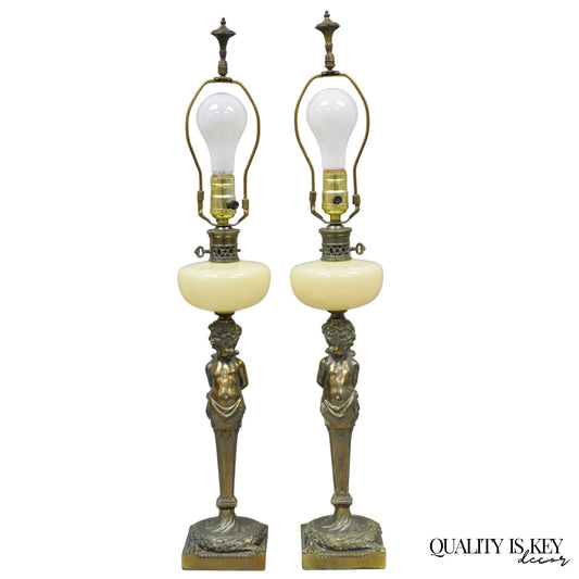 Vintage French Renaissance Brass Cherub Putti Column Cream Glass Table Lamp Pair