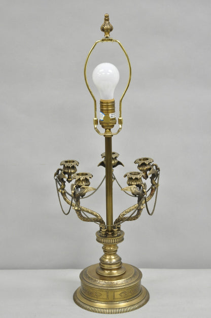 Vintage French Regency Style Brass Swans Candelabra Table Lamps - a Pair