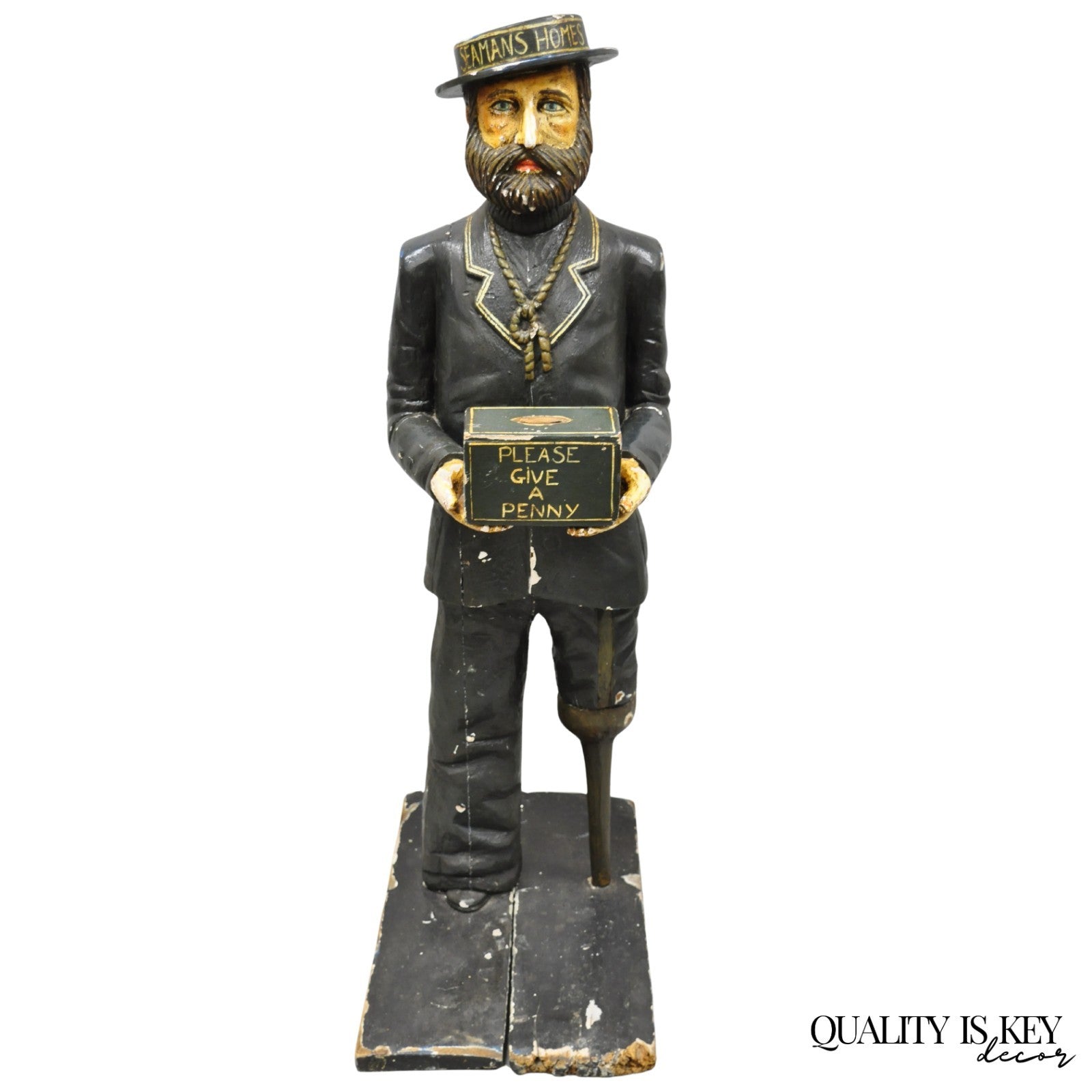 54" Tall Maritime Nautical Wood Peg Leg Seaman Bank Figure "Please Give a Penny"