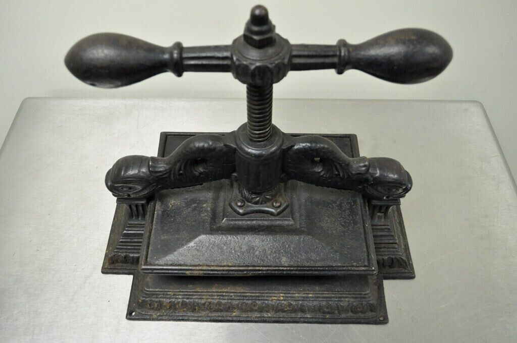 Antique 19th C. Cast Iron Classical Figural Dolphin Victorian Book Press