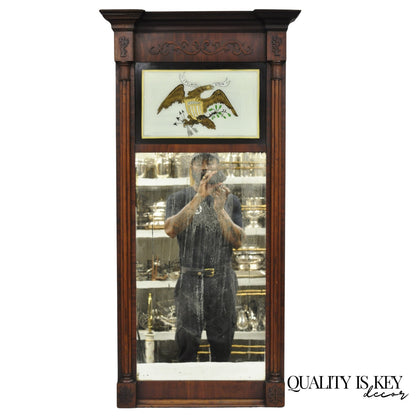 Antique American Federal Mahogany Reverse Painted Eagle Trumeau Wall Mirror