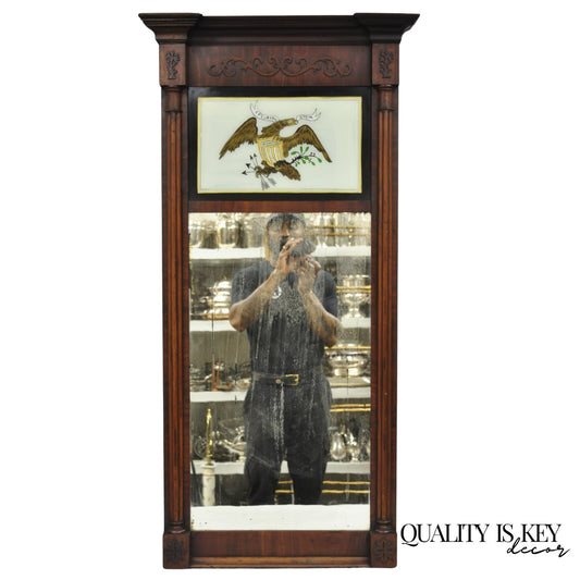 Antique American Federal Mahogany Reverse Painted Eagle Trumeau Wall Mirror