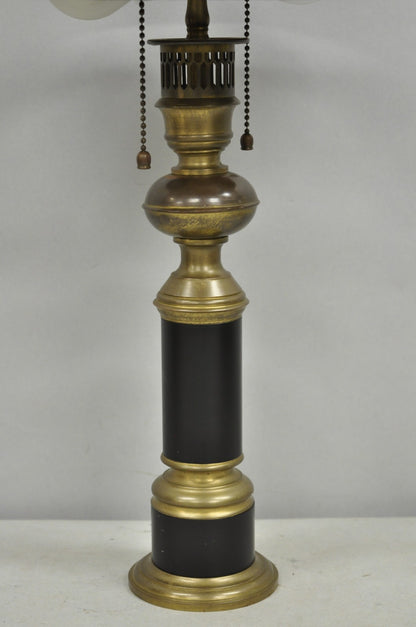 Vintage French Empire Burnished Brass Small Bouillotte Black Column Table Lamp