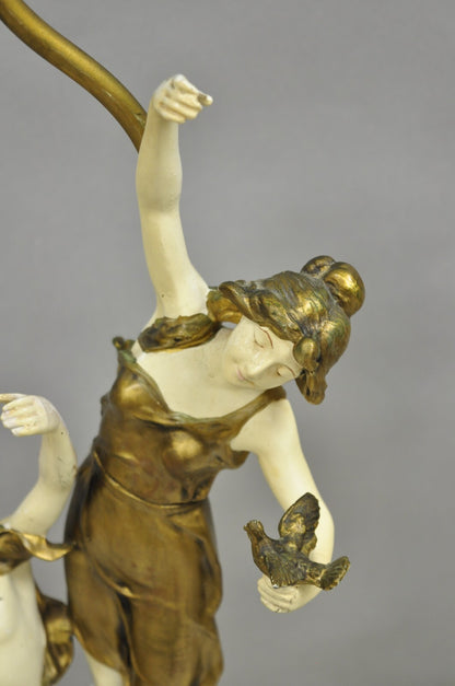 Antique L&F Moreau Spelter Metal Painted Figural Boy and Girl Table Lamp - Pair
