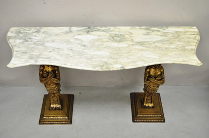 Vintage French Renaissance Victorian Style Gold Figural Marble Top Console Table