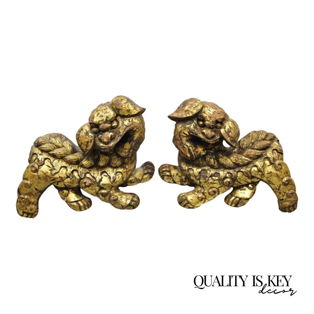 Vintage Chinoiserie Carved Wood Gold Gilt 12" Chinese Foo Dog Figures - a Pair