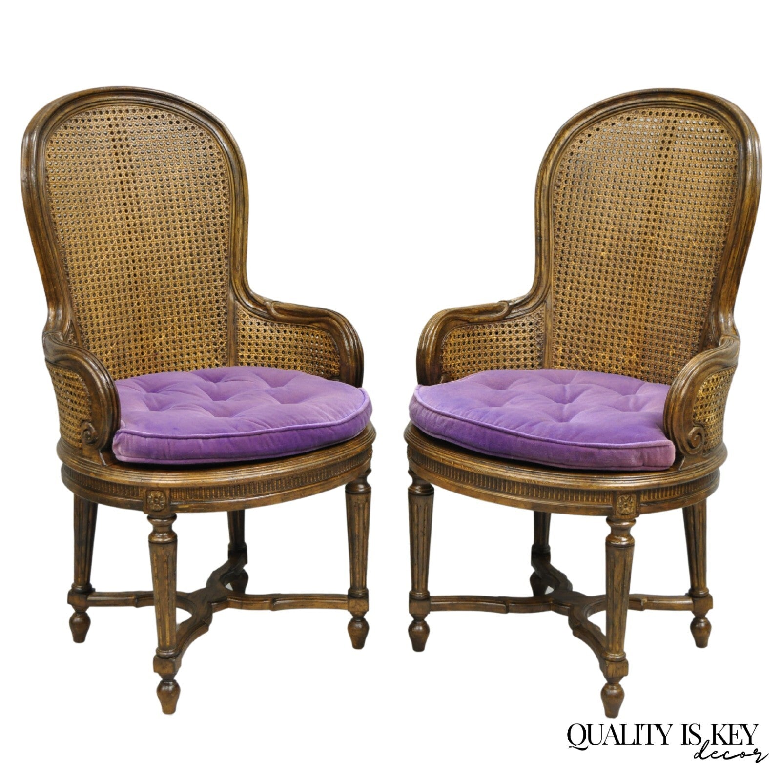 Vintage French Louis XVI Style Cane Balloon Back Walnut Arm Chairs - a Pair