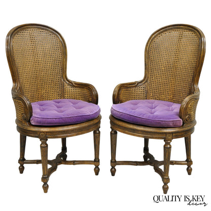 Vintage French Louis XVI Style Cane Balloon Back Walnut Arm Chairs - a Pair