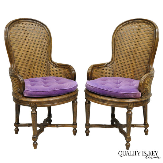 Vintage French Louis XVI Style Cane Balloon Back Walnut Arm Chairs - a Pair