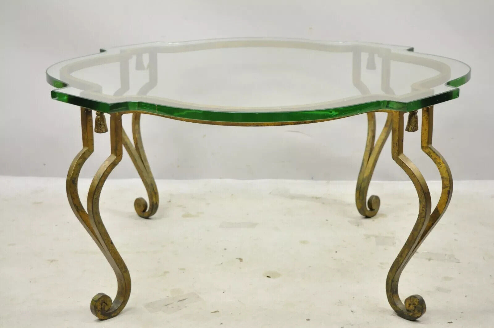 Vintage Italian Hollywood Regency Gold Gilt Iron Scalloped Glass Coffee Table