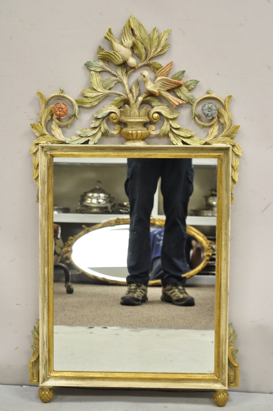 Vintage Italian Neoclassical Carved Wood Painted Birds & Flowers Wall Mirror