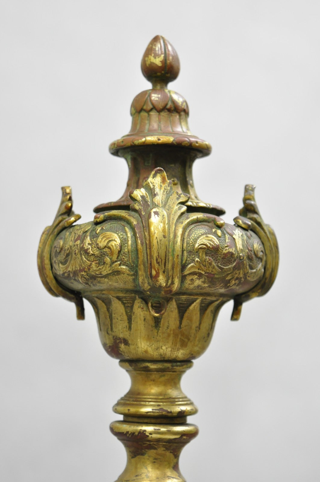 Antique French Baroque Louis XV Style Bronze Brass Andirons with Patina - a Pair