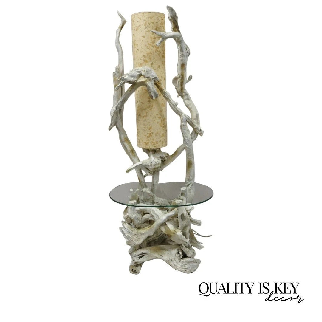Vintage Mid Century Modern White Driftwood Kidney Glass Side Table Floor Lamp