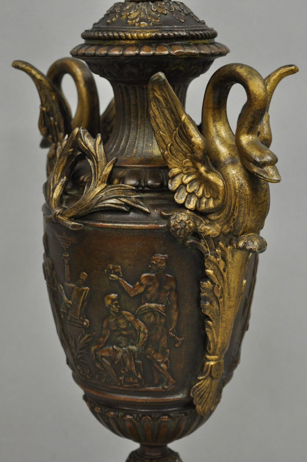 Antique French Neoclassical Style Bronze Figural Swans Table Lamp Signed Picault