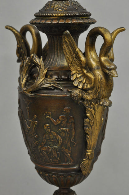 Antique French Neoclassical Style Bronze Figural Swans Table Lamp Signed Picault