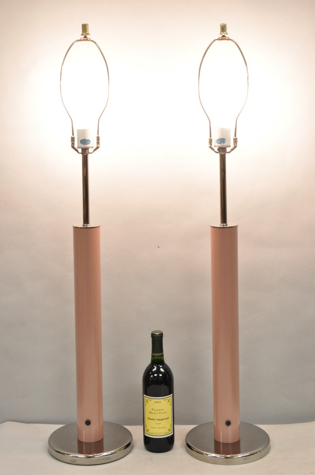 Mid Century Modern Bubble Gum Pink Cylinder Column Chrome Table Lamp - a Pair