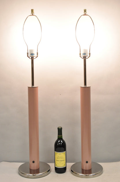 Mid Century Modern Bubble Gum Pink Cylinder Column Chrome Table Lamp - a Pair