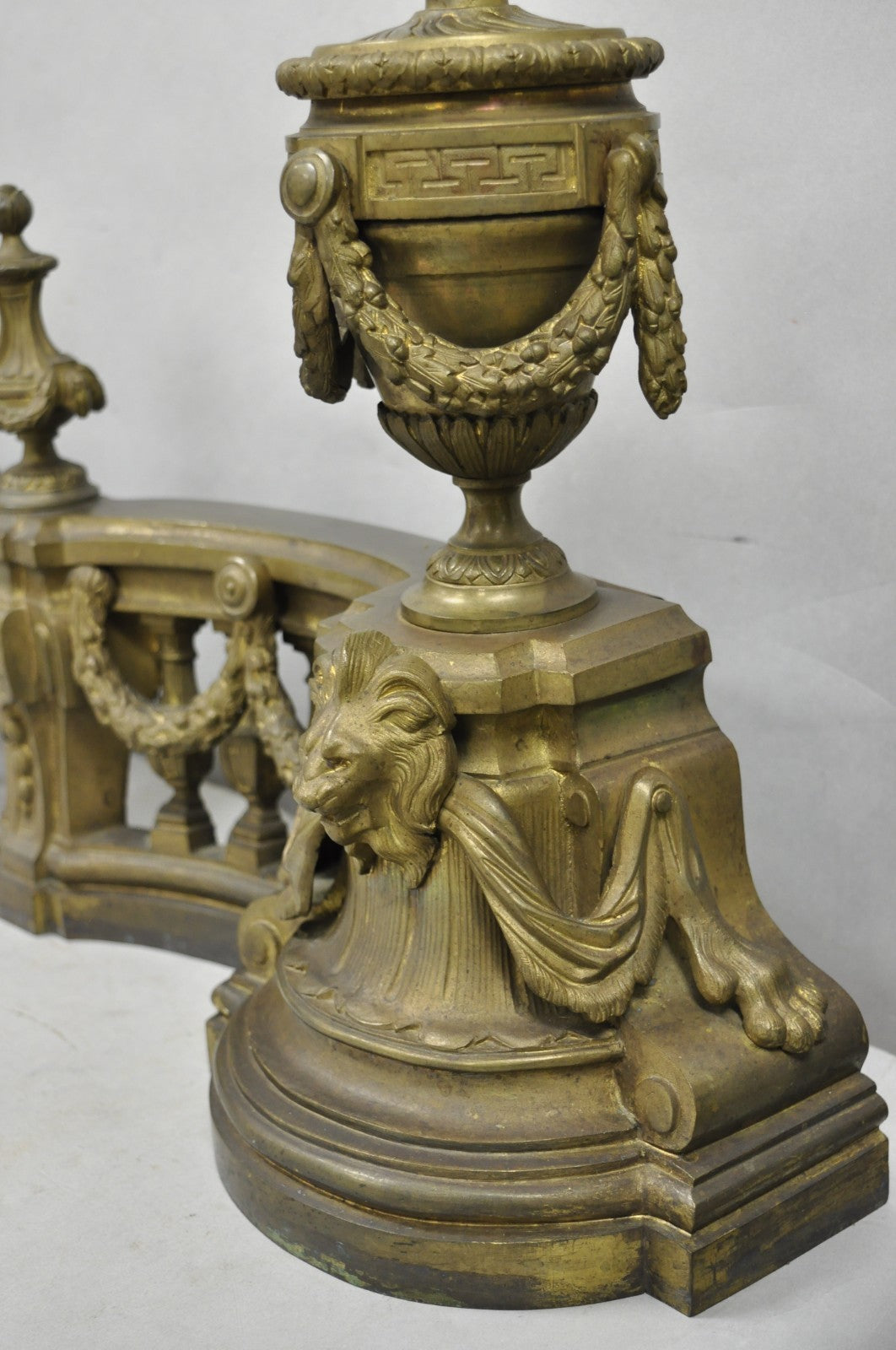 Antique French Empire Patinated Bronze Lion Flame Urn Chenet Andirons - a Pair