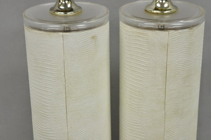 Vintage Hollywood Regency White Faux Alligator Embossed Cylinder Table Lamp Pair