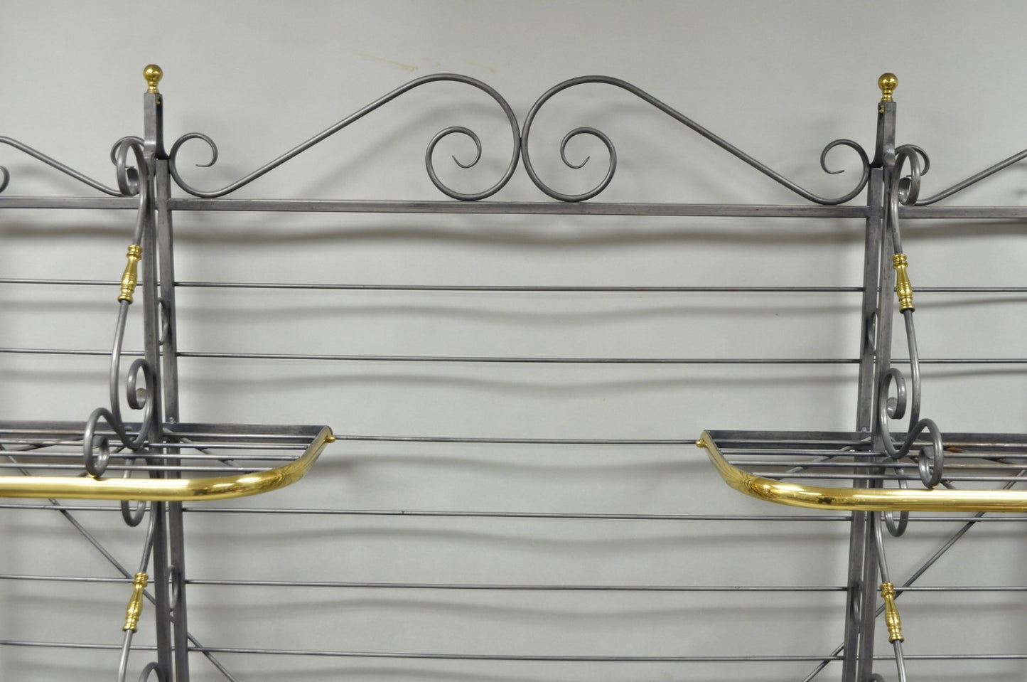 Vintage French Country Wrought Iron & Brass Kitchen Bakers Rack Bookcase Etagere
