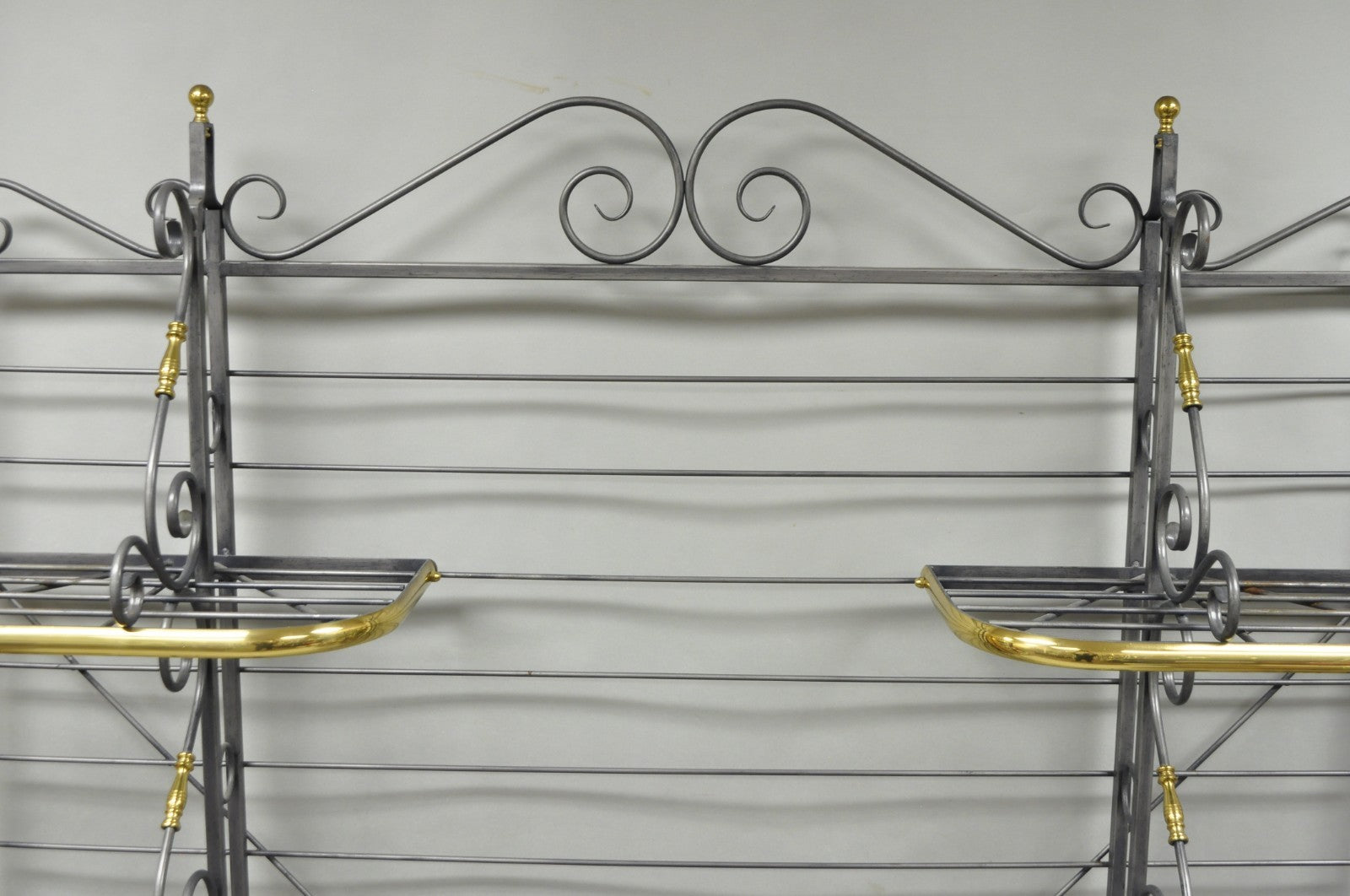 Vintage French Country Wrought Iron & Brass Kitchen Bakers Rack Bookcase Etagere