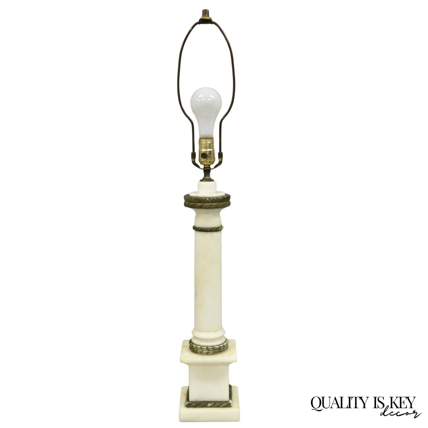 Antique Italian Classical White Carved Marble Empire Column Table Lamp