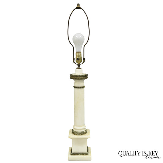 Antique Italian Classical White Carved Marble Empire Column Table Lamp