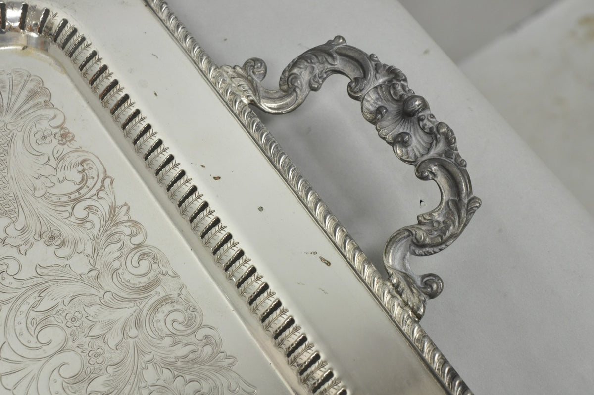 Vintage English Victorian Large Silver Plated Twin Handle Serving Platter Tray