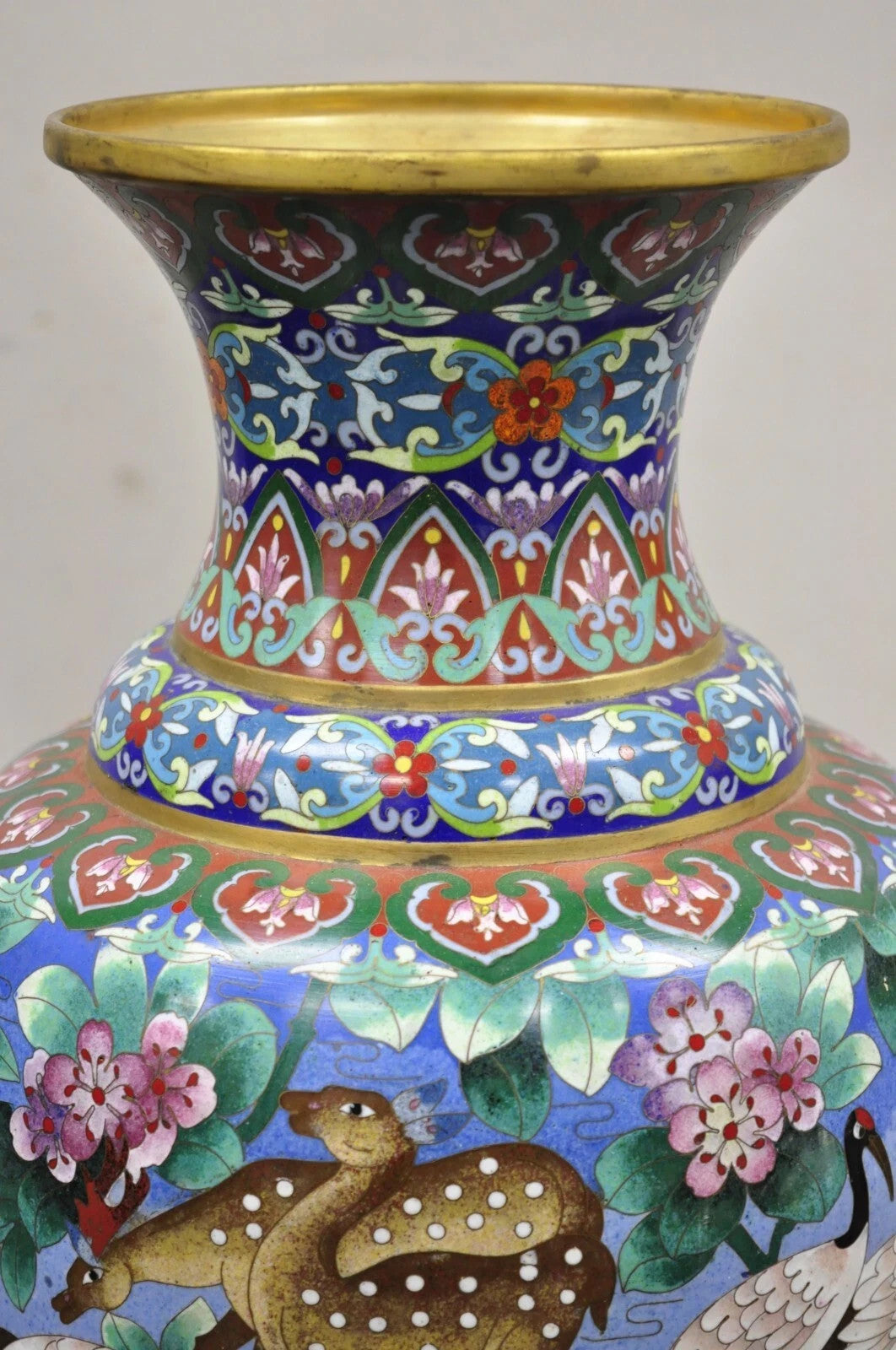 Vintage Chinese Cloisonné Porcelain Enamel Figural Crane and Deer Vase - a Pair
