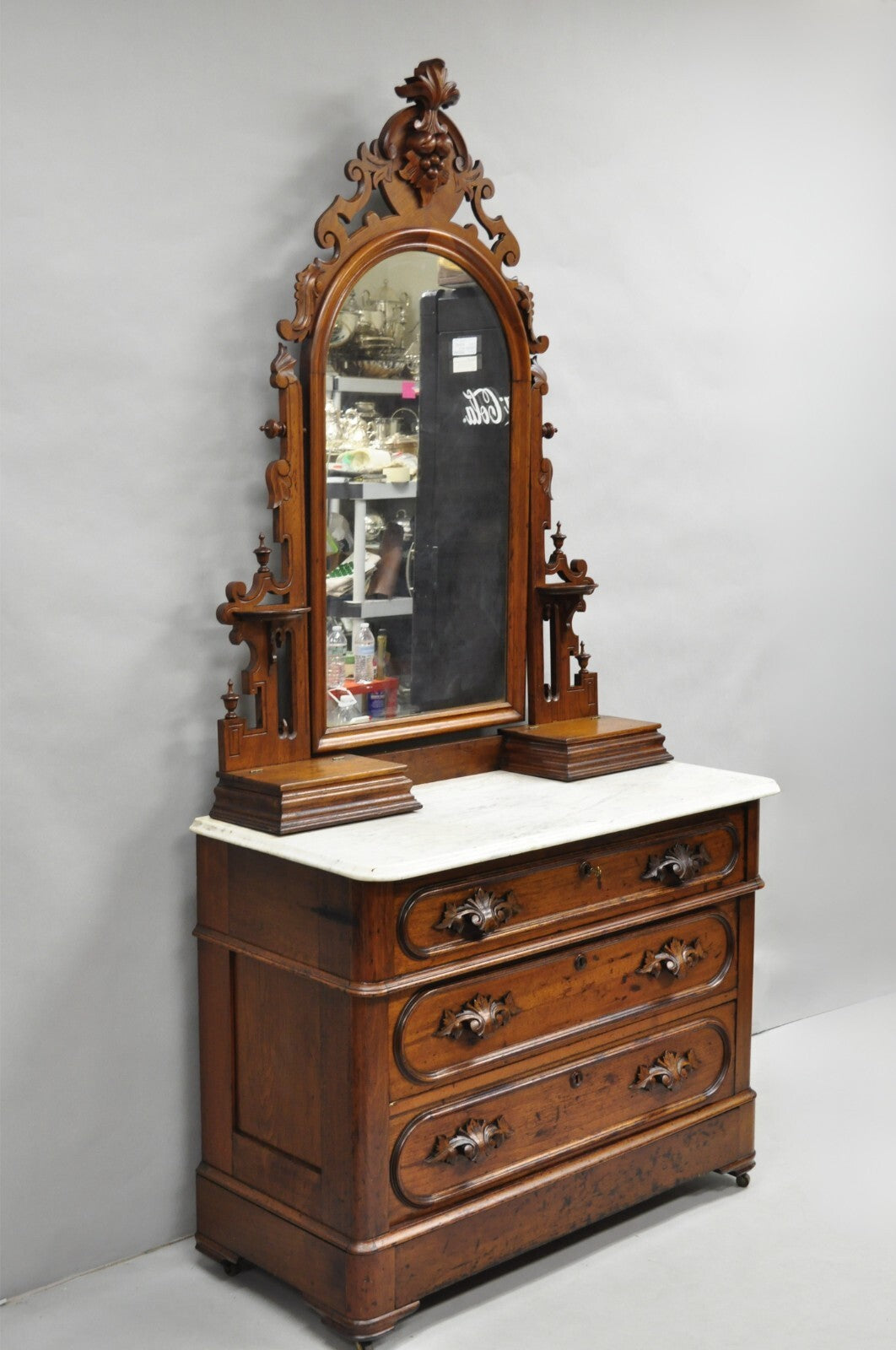 Antique Eastlake Victorian Carved Walnut Marble Top Washstand Dresser w/ Mirror
