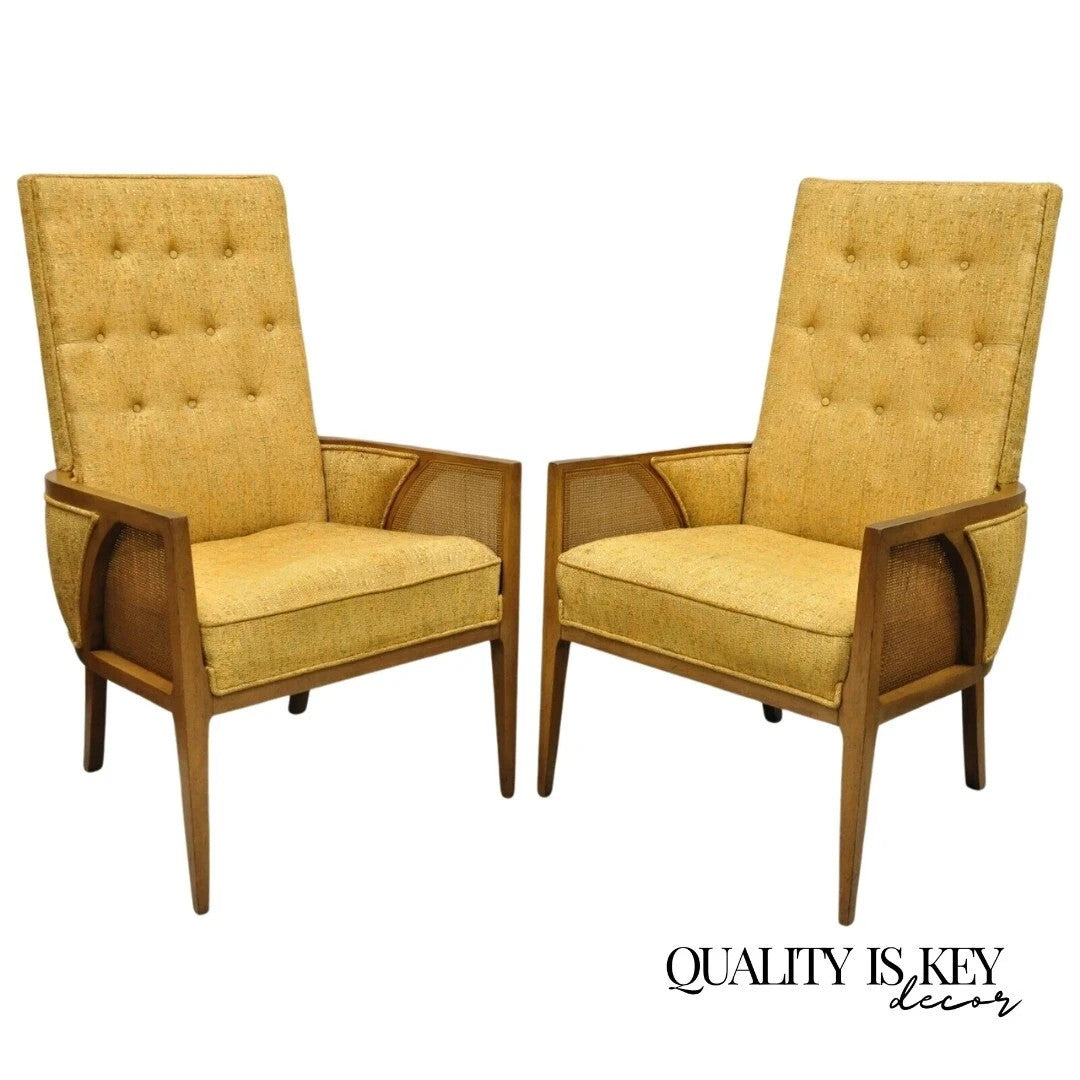 Mid Century Modern Hollywood Regency Sculpted Wood & Cane Lounge Chairs - Pair