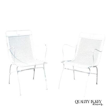 Vintage Russell Woodard White Wrought Iron Garden Patio Arm Chairs - a Pair