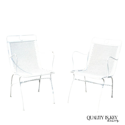 Vintage Russell Woodard White Wrought Iron Garden Patio Arm Chairs - a Pair