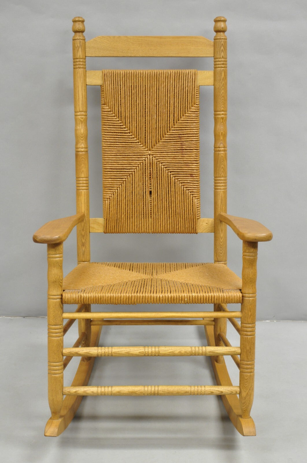 American Primitive Rustic Oak Wood Rush Seat Rocking Chair by Cracker Barrel