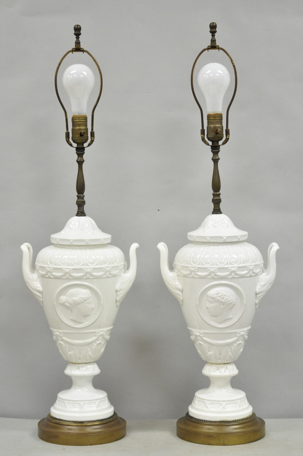 Antique Italian Neoclassical Greco Roman White Porcelain Urn Table Lamps - Pair
