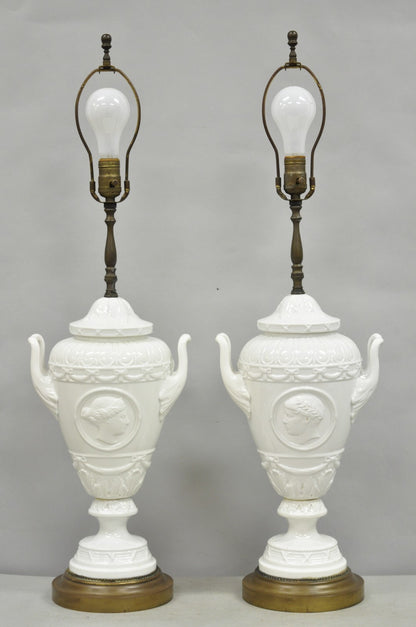 Antique Italian Neoclassical Greco Roman White Porcelain Urn Table Lamps - Pair