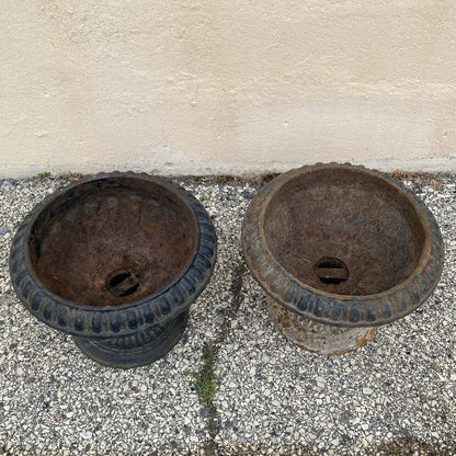 Antique French Empire Style Small 12" Cast Iron Urn Garden Planter Pots - Pair