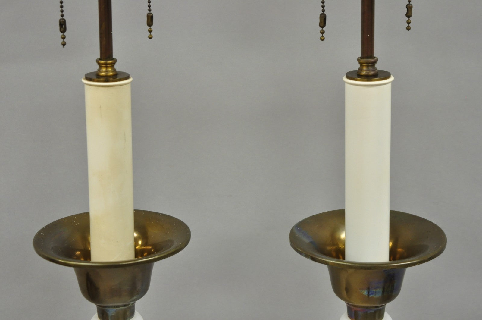 Vintage MCM Tommi Parzinger Style Tall White Frosted Glass Table Lamps - a Pair