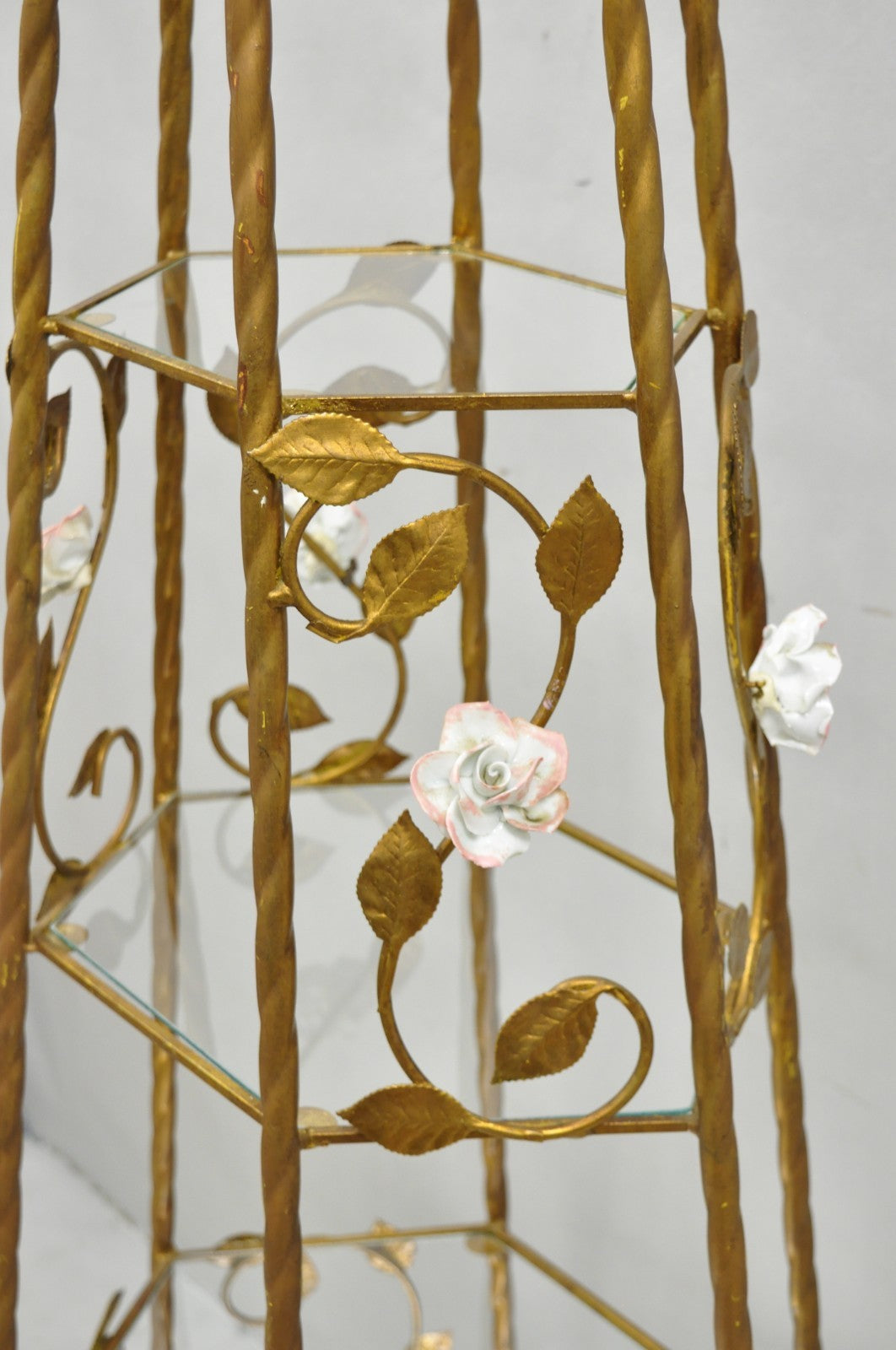 Vintage Italian Hollywood Regency Gold Tole Metal 4 Tier Lighted Etagere Curio