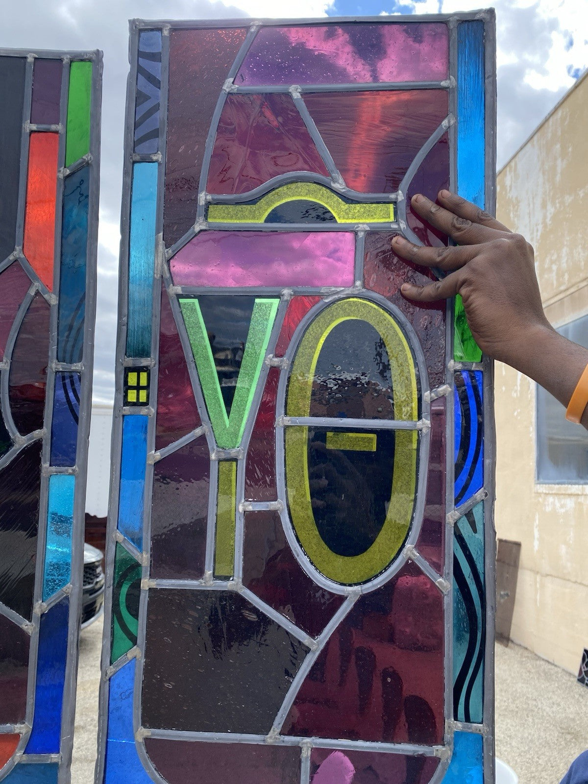 Vintage "Yo" & Door Art Deco Blue & Red Leaded Stained Glass Window 43x15 - 4 Pc