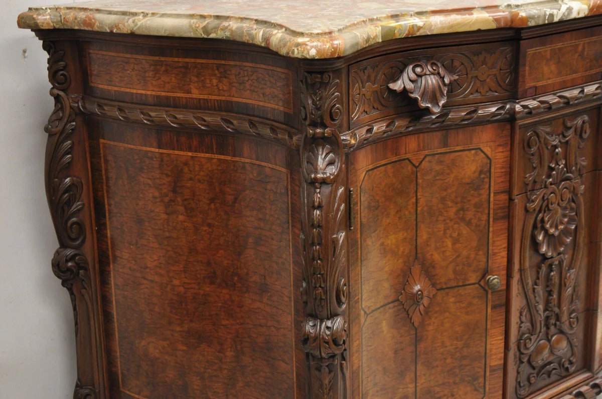 Antique French Louis XV Baroque Burl Walnut Marble Top Commode 5 Drawer Dresser